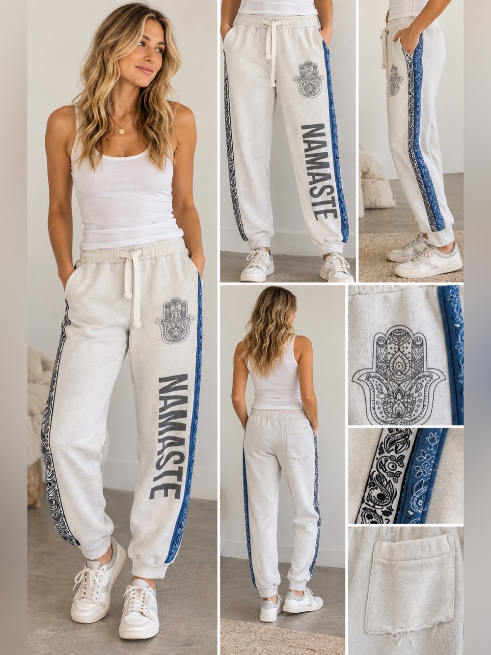 Vintage Havana Cream Joggers with Blue Side Trim & Hamsa Graphic
